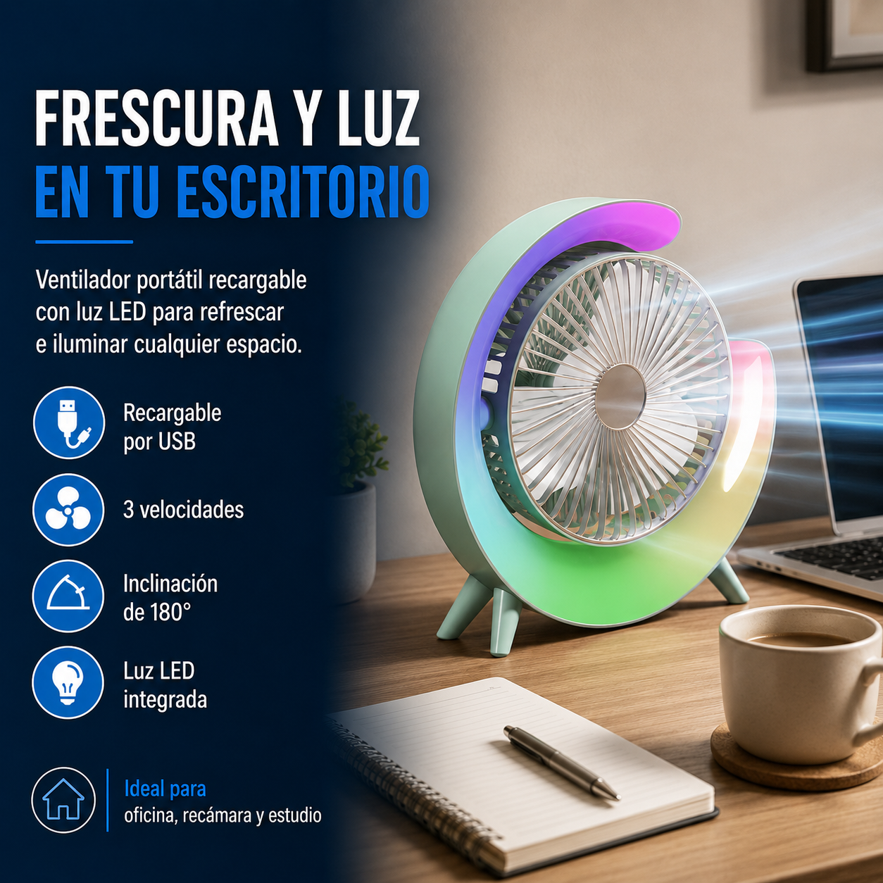 Ventilador Portátil con Lámpara LED