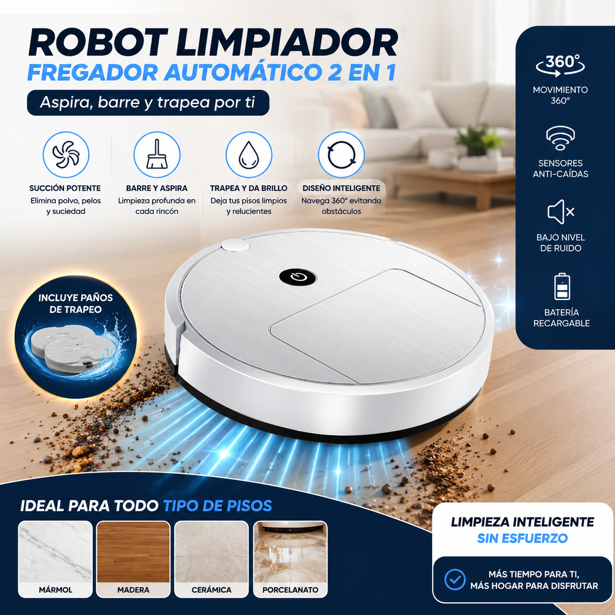 Robot Aspirador y Fregador Inteligente 2 en 1