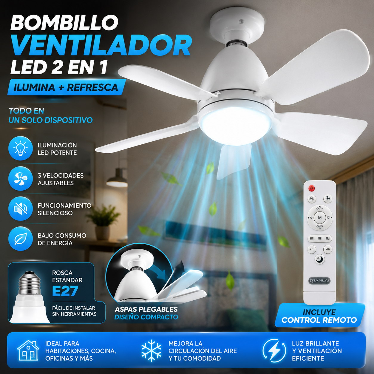 Bombillo Ventilador LED 2 en 1 con Control Remoto