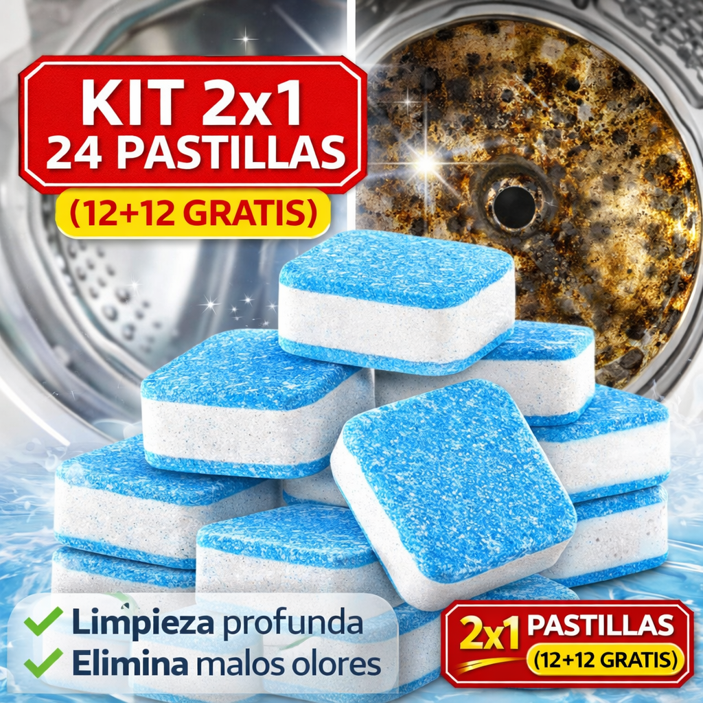 Kit 2x1 de 24 Pastillas Limpia Lavadora (12+12 GRATIS)