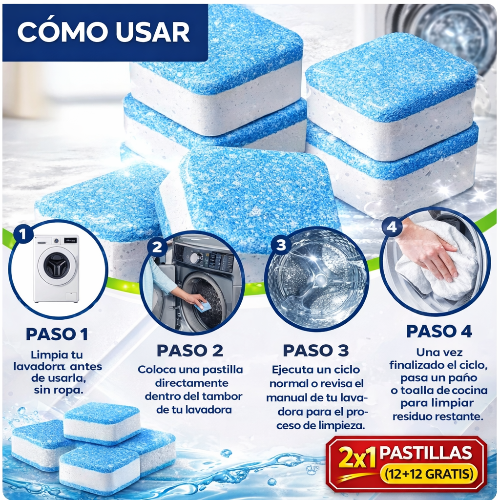 Kit 2x1 de 24 Pastillas Limpia Lavadora (12+12 GRATIS)