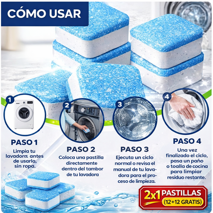 Kit 2x1 de 24 Pastillas Limpia Lavadora (12+12 GRATIS)
