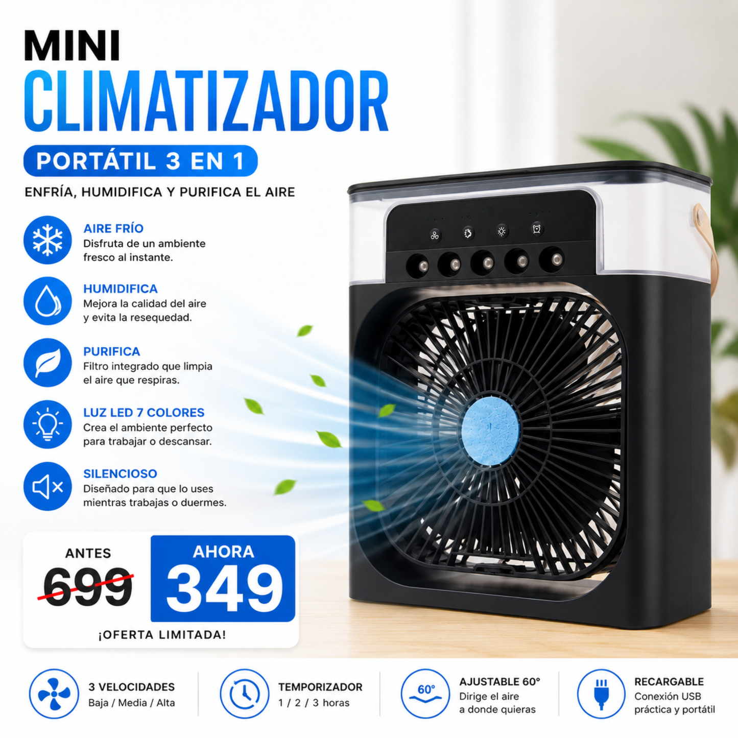 Mini Climatizador Portátil 3 en 1 LED