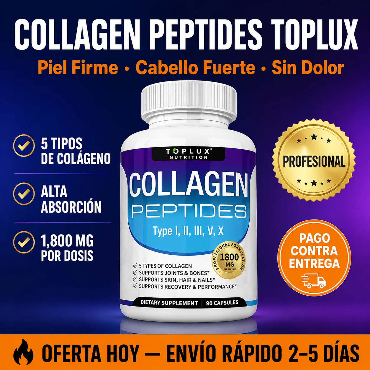 Collagen Peptides Toplux | Piel Firme, Cabello Fuerte y Articulaciones Sin Dolor