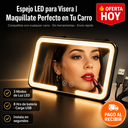 Espejo con Luz LED para Visera de Carro | Maquíllate Perfecto en Cualquier Lugar